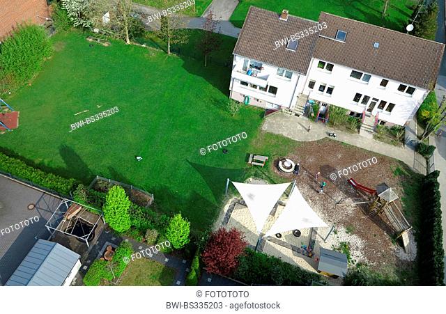 aerial view of a kindergarden with garden and playground, Germany, North Rhine-Westphalia, Ruhr Area, Witten
