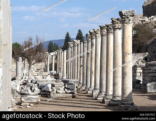 Augustus Gate leads to the Commercial Agora at Ephesus, a public open space used for assemblies and markets. Agoran in the Roman ruined city of Ephesus