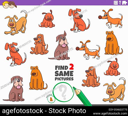 Cartoon Illustration of Finding Two Same Pictures Educational Game for Children with Dogs and Puppies Animal Characters
