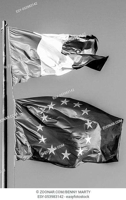 general three colors flag and Europe flag waving together in isolated the grey sky background. black and white. Concept for old financial treated