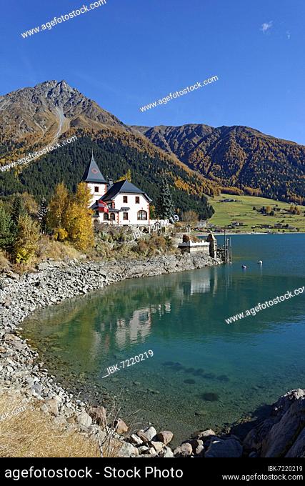 Schlössel, Castelletto on Lake Reschen, Reschen Reservoir, Vinschgau, South Tyrol, Alto Adige, Italy, Europe