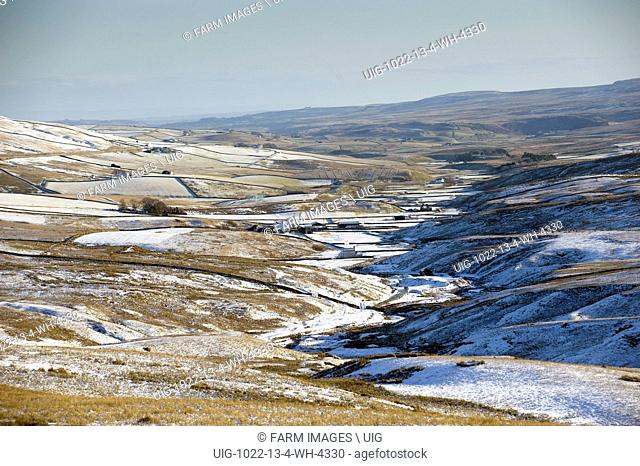 Looking down a snow covered Harwood in Teesdale from near Ashgill Head. Co. Durham - England. (Photo by: Wayne Hutchinson/Farm Images/UIG)