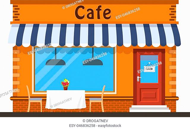 Cafe shop exterior. Street restraunt building. Vector illustration in flat style