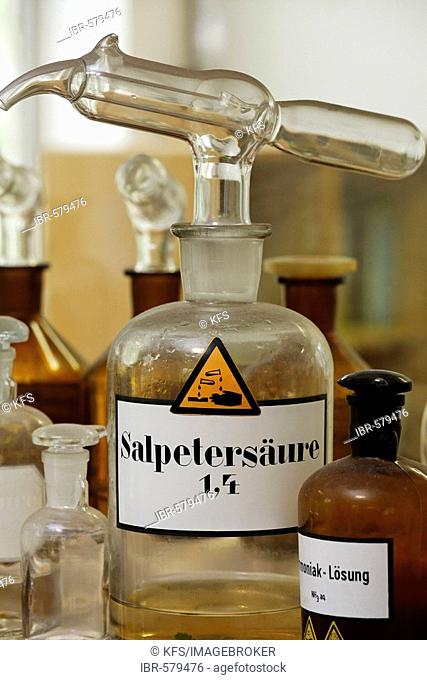 Bottle with nitric acid label, laboratory at the disused ironworks Henrichshuette, industrial museum, Hattingen, NRW, Germany