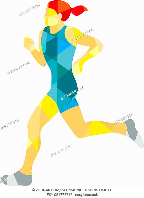 Low polygon style illustration of female marathon triathlete runner running viewed from the side set on isolated white background