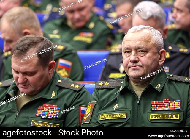 RUSSIA, MOSCOW - DECEMBER 19, 2023: Mikhail Nosulev, deputy commander of the Russian Eastern Military District troops, and Dmitry Glushenkov (R-L front)