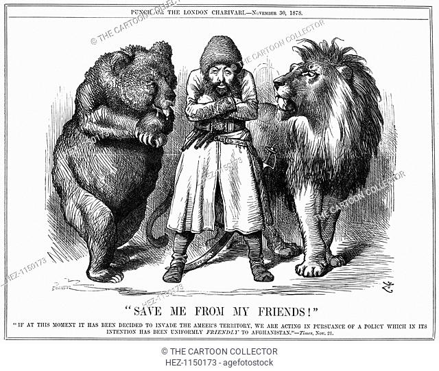Save Me from my Friends!, 1878. The Ameer of Afghanistan stands between the Russian bear, jaws dripping with saliva, and the British lion with teeth bared
