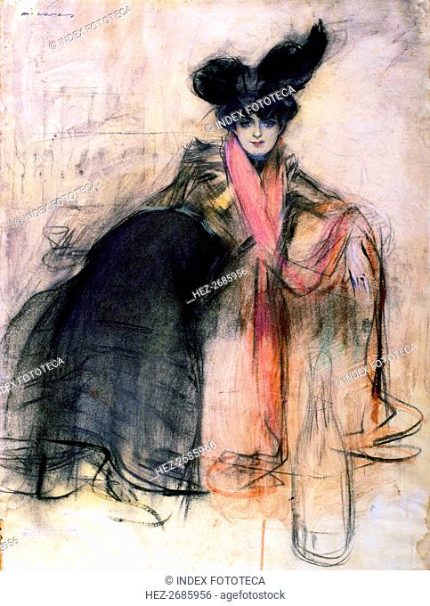 'Lady with feather hat', colored drawing by Ramon Casas