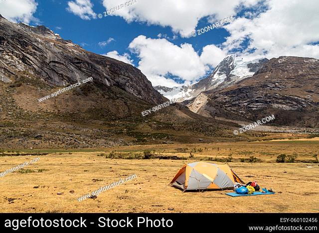 Cashapampa, Peru - September 25, 2015: Photograph of a tent on the Santa Cruz Trek