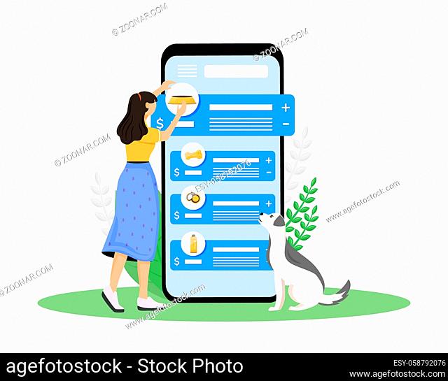 Dog shop cartoon smartphone vector app screen. Puppy owner choose product for domestic animal. Mobile phone display with flat character design mockup