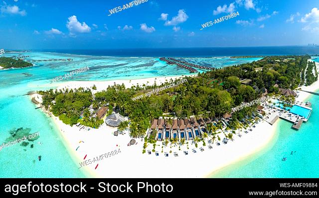 Aerial view of island with water bungalows in Lankanfushi, Male Atoll, Maldives