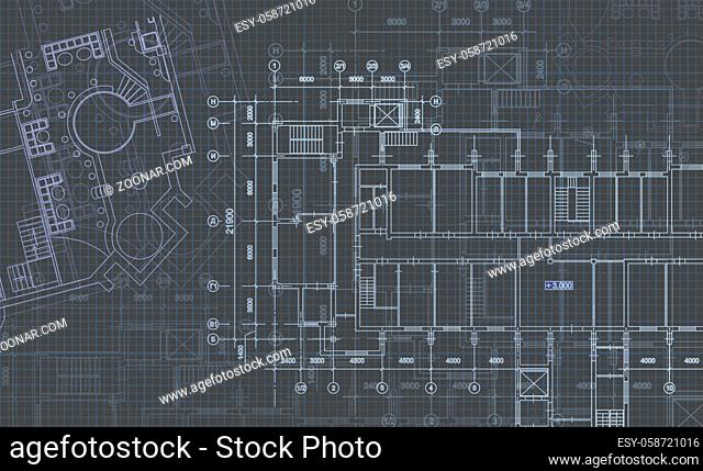 Architectural background with technical drawings. Blueprints series. Site plan texture. House blueprint, drawing, part of architectural project