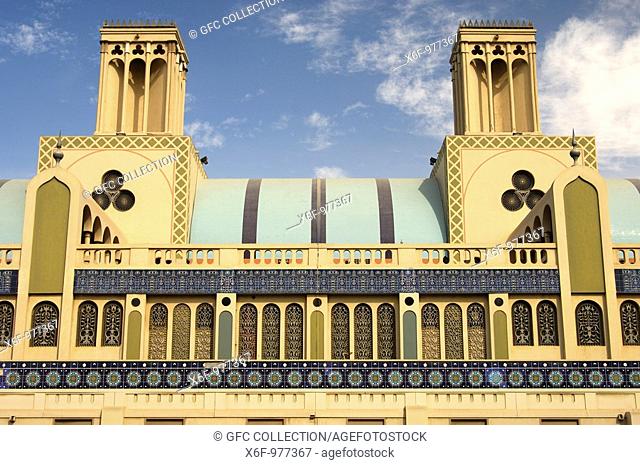 Main building with wind towers of the central market Souq al-Markazi, the Blue Souk, in Sharjah, Emirate of Sharjah, United Arab Emirates
