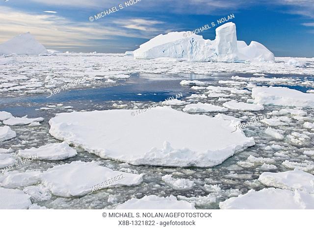 Brash ice and first year floe ice often called pancake ice south of the Antarctic Circle on the west side of the Antarctic Peninsula during the summer months...