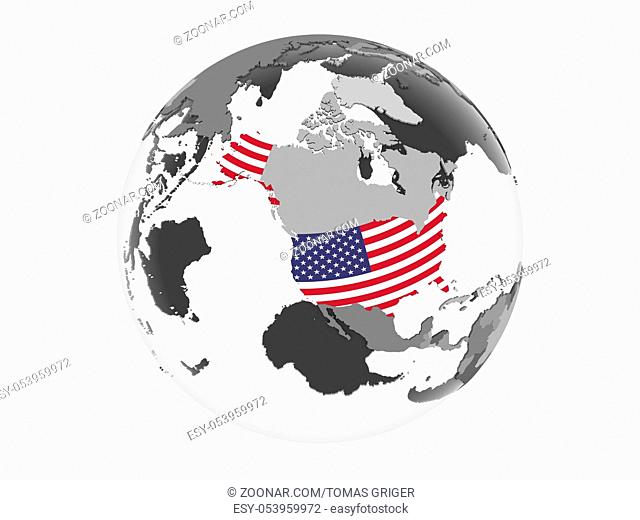 USA on gray political globe with embedded flag. 3D illustration isolated on white background