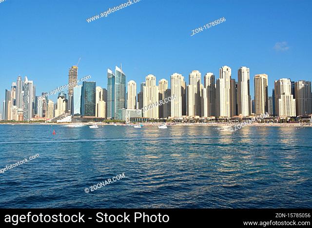 View of Jumeirah Beach Residence from Bluewaters Island in Dubai, UAE