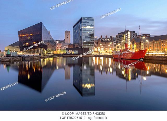 Mann Island apartments with Liver Building and lightship at Canning Dock