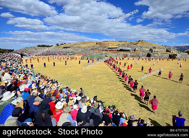 Inti Raymi, festival of the sun, ceremony on the sanctuary, overview, ruins of the Inca Sacsayhuamán, Cusco, Peru, South America