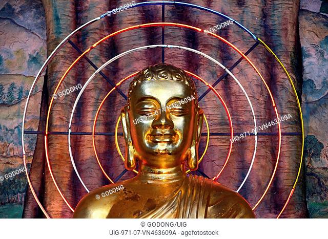 Linh Phuoc Buddhist Pagoda. Buddha image with neon circles