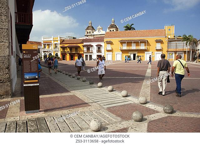 View to the colonial building with balconies at Plaza de la Aduana in the historic center, Cartagena de Indias, Bolivar, Colombia, South America
