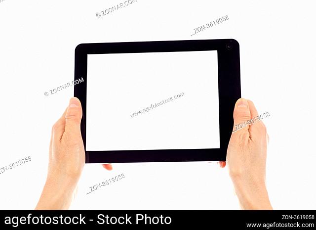 Hands holding digital tablet isolated over white background