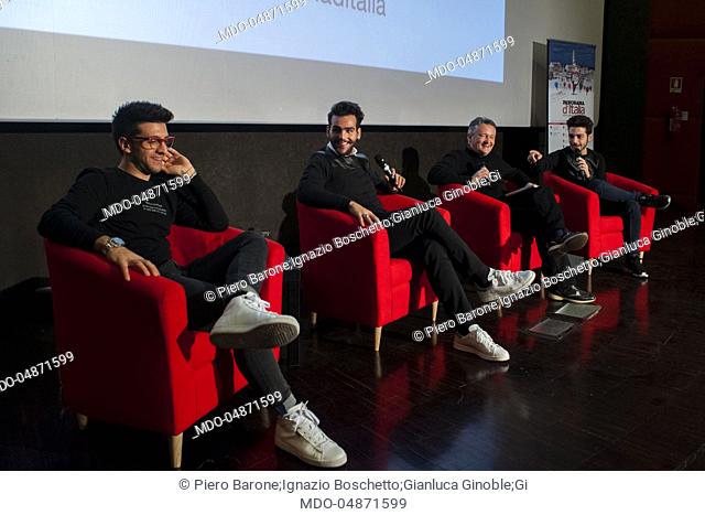 The members of Il Volo (Piero Barone, Ignazio Boschetto and Gianluca Ginoble) interviewed by journalist Gianni Poglio, during the event Panorama d'Italia