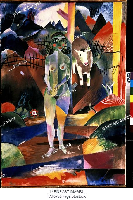 Woman and Animals Amidst Nature. Campendonk, Heinrich (1889-1957). Oil on canvas. Expressionism. Between 1910 and 1924. State Hermitage, St