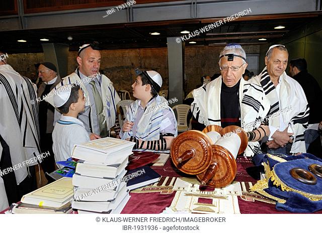 Bar Mitzvah, Jewish coming of age ritual, Torah scroll laid out on the table, Western Wall or Wailing Wall, Old City of Jerusalem, Arab Quarter, Israel