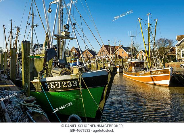 Shrimp cutter and fishing cutter in the harbour, Neuharlingersiel, East Frisia, Lower Saxony, Germany