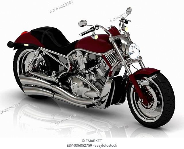 Top view. Motorcycle and chrome engine and exhaust on white background
