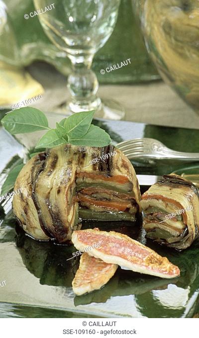 Red surmullet fillets and eggplant savoury cake