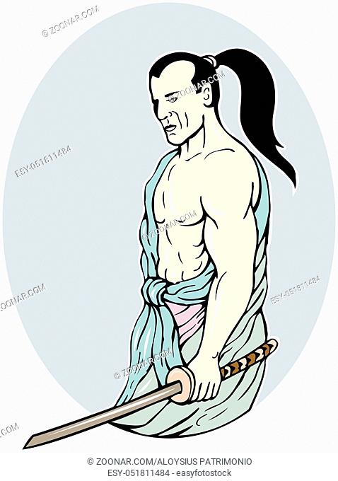 illustration of a Samurai warrior with katana sword in fighting stance done in cartoon style