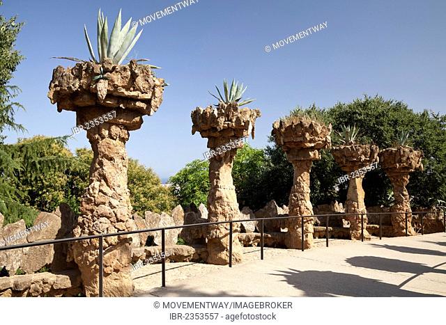 Columns in Parc Gueell by Antoni Gaudi, UNESCO World Heritage Site, Barcelona, Catalonia, Spain, Europe