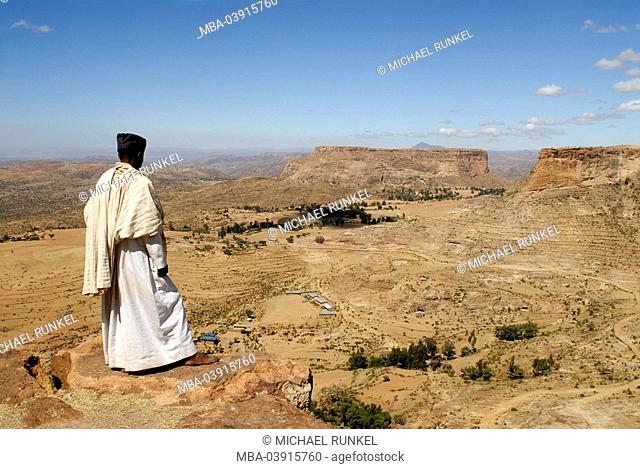 Ethiopia, Debre Damo, mountain scenery, ledge, priests, back view, Africa, East-Africa, mountains, rocks, mountain-desert, people, native, people, colored, man