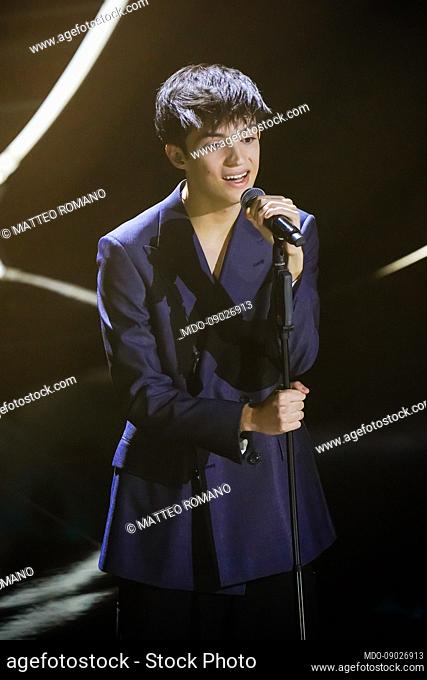 Italian singer Matteo Romano at 72 Sanremo Music Festival. Emporio Armani suit. Second evening. Sanremo (Italy), February 2nd, 2022
