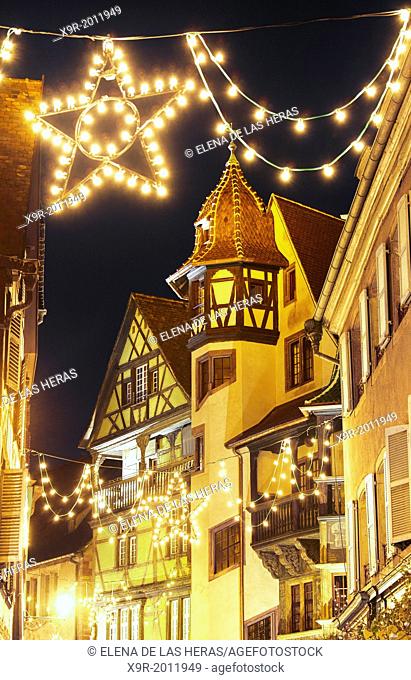 Maison Pfister (German Reinaissance) with Christmas lights at night. Colmar. Wine route. Haut-Rhin. Alsace. France