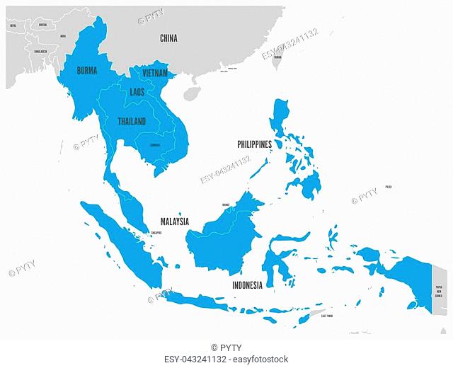 ASEAN Economic Community, AEC, map. Grey map with blue highlighted member countries, Southeast Asia. Vector illustration