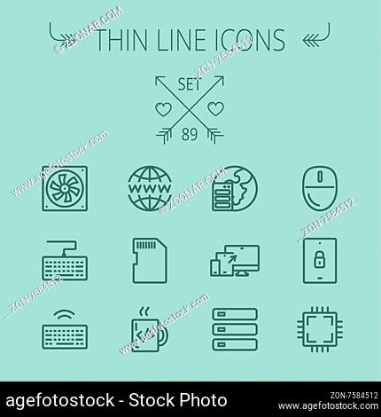 Technology thin line icon set for web and mobile. Set includes -simcard, computer cooler, keyboard, keyboard with wifi, optical drive, 3 devices, computer mouse