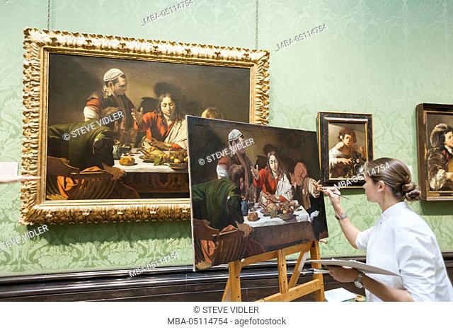 England, London, Trafalgar Square, The National Gallery, Artist Copying Painting titled The Supper at Emmaus by Michelangelo