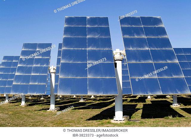 Rows of solar panels, so-called heliostats, generating energy at a solar energy field in the Tabernas Desert, Almería province, Andalucía, Spain