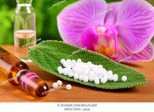 alternative medicine with herbal and homeopathic pills with essence from medicinal plant