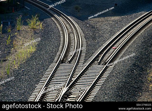 Diverging railroad tracks in Portland, Oregon, USA