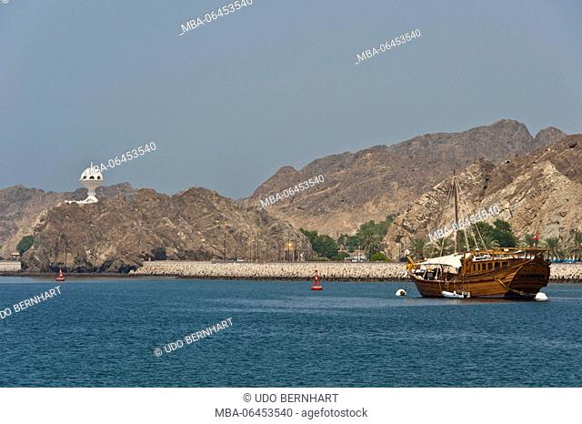 Arabia, Arabian peninsula, Sultanate of Oman, Muscat, Kalbuh park, coast, sea, sailing ship