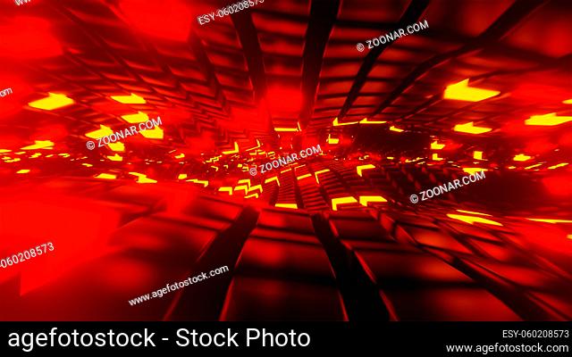 A 3D render of a surface of red neon light cubes