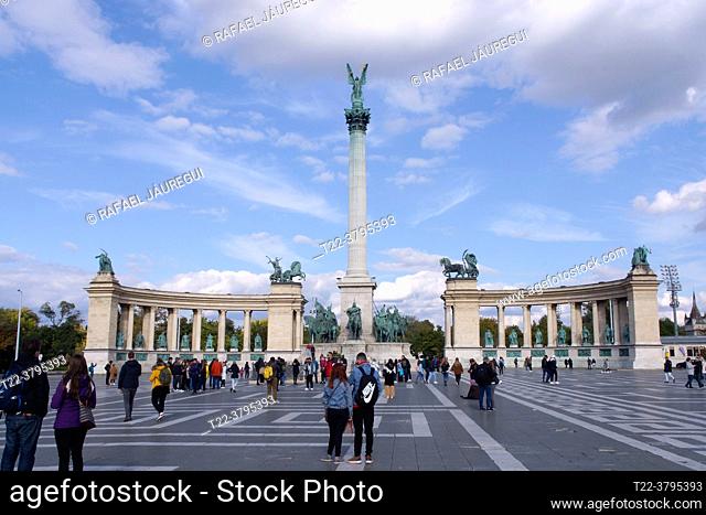Budapest (Hungary). Tourist in the Heroes' Square in the city of Budapest