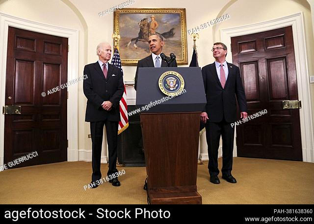 United States President Barack Obama, center, delivers a statement on the closing of the Guantanamo Bay detention facility in the Roosevelt Room of the White...