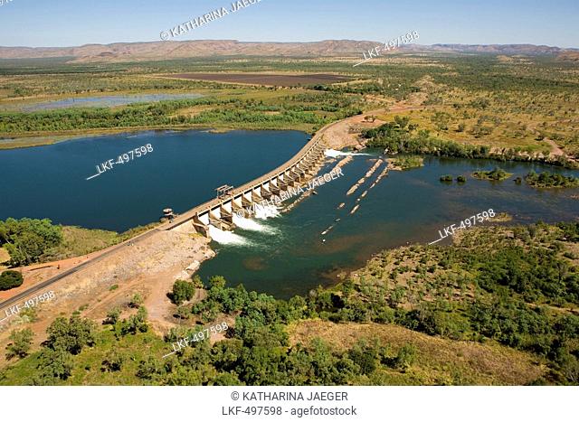 Aerial of the Ord River Diversion Dam with 20 locks and Victoria Highway impounding Lake Kununurra, near Kununurra, Western Aust