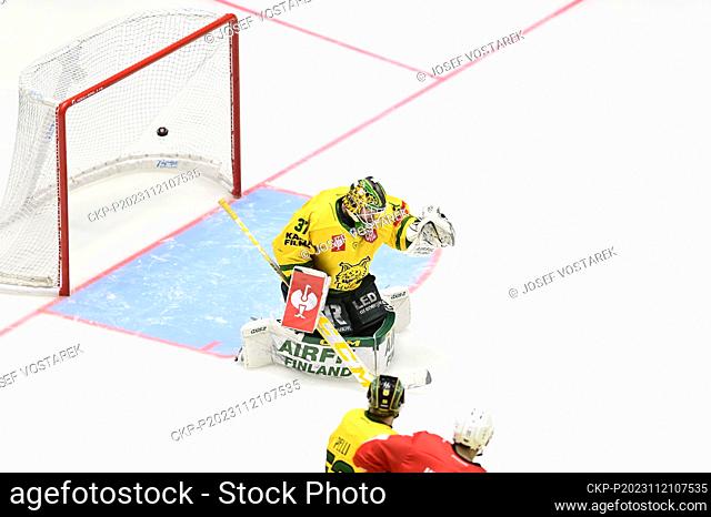 Jonas Gunnarsson, goalkeeper of Tampere in action during the Ice Hockey Champions League playoffs, 2nd leg return game Pardubice vs Ilves Tampere in Pardubice