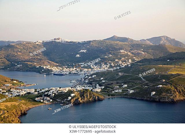 europe, greece, dodecanese, patmos island, panorama with skala and chora