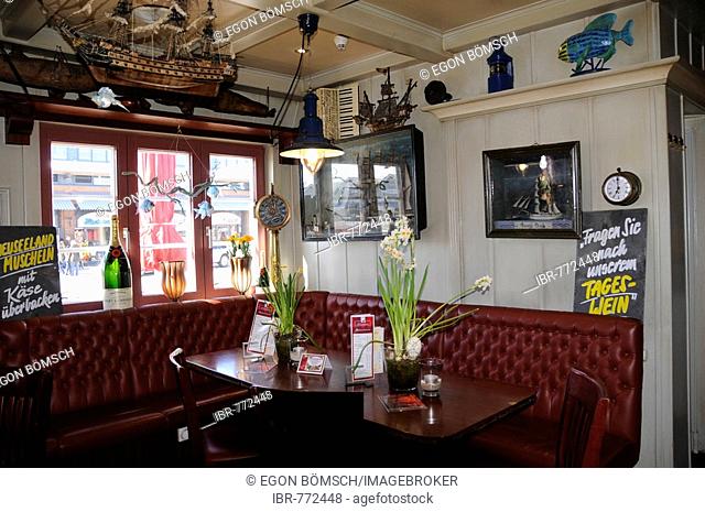 Restaurant room decorated with nautical memorabilia of the northernmost fish tavern in, List, Sylt Island, North Frisian Islands, Schleswig-Holstein, Germany